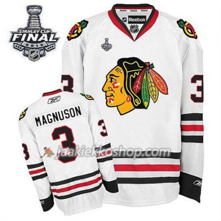 Reebok Miehille NHL Chicago Blackhawks Pelipaita Keith Magnuson #3 Vieras Valkoinen 2015 Stanley Cup