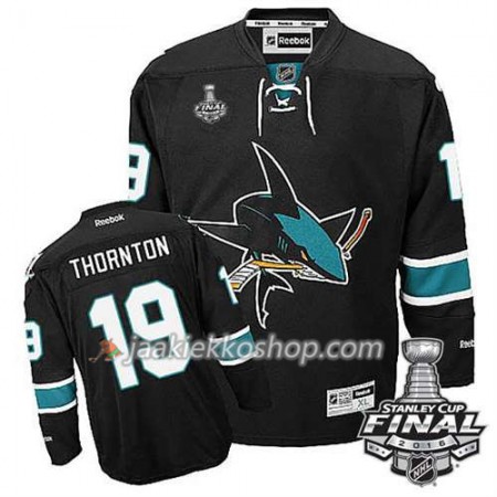 Reebok NHL San Jose Sharks Pelipaita Joe Thornton #19 Musta Kolmas 2016 Stanley Cup