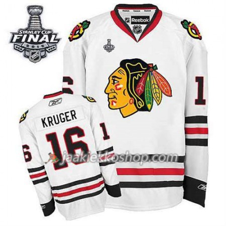 Reebok Miehille NHL Chicago Blackhawks Pelipaita Marcus Kruger #16 Vieras Valkoinen 2015 Stanley Cup