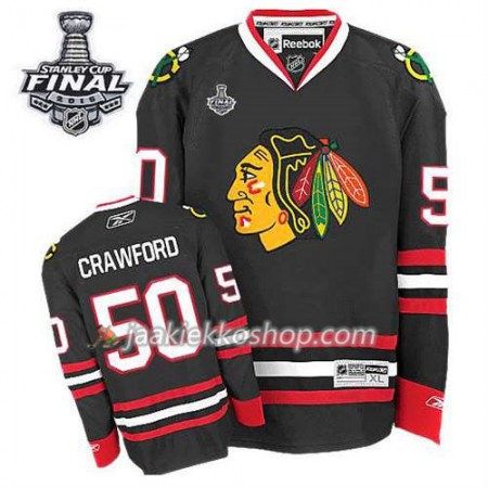 Reebok Miehille NHL Chicago Blackhawks Pelipaita Corey Crawford #50 Kolmas Musta 2015 Stanley Cup
