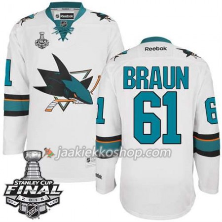Reebok NHL San Jose Sharks Pelipaita Justin Braun #61 Valkoinen Vieras 2016 Stanley Cup