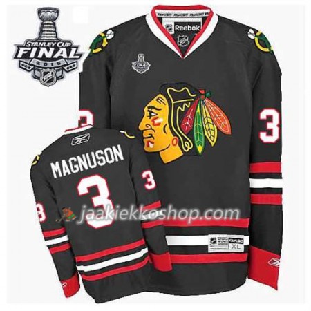Reebok Miehille NHL Chicago Blackhawks Pelipaita Keith Magnuson #3 Kolmas Musta 2015 Stanley Cup