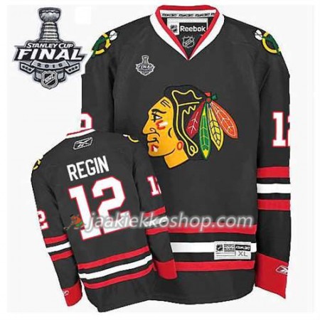 Reebok Miehille NHL Chicago Blackhawks Pelipaita Peter Regin #12 Kolmas Musta 2015 Stanley Cup